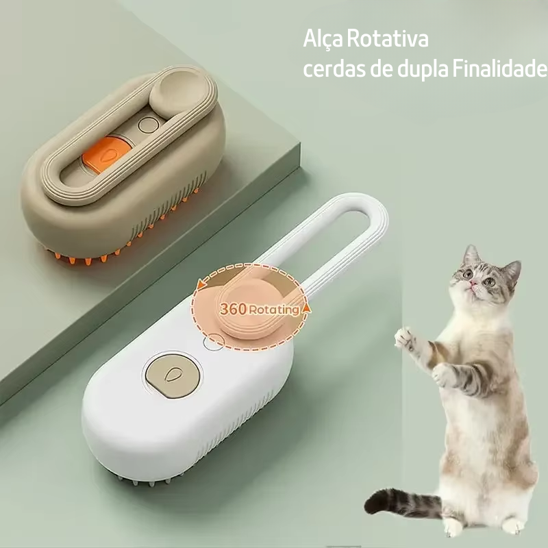 Escova Cabo Comprido com Vapor para Gatos e Cachorros Massageadora Escova Magica 3 em 1